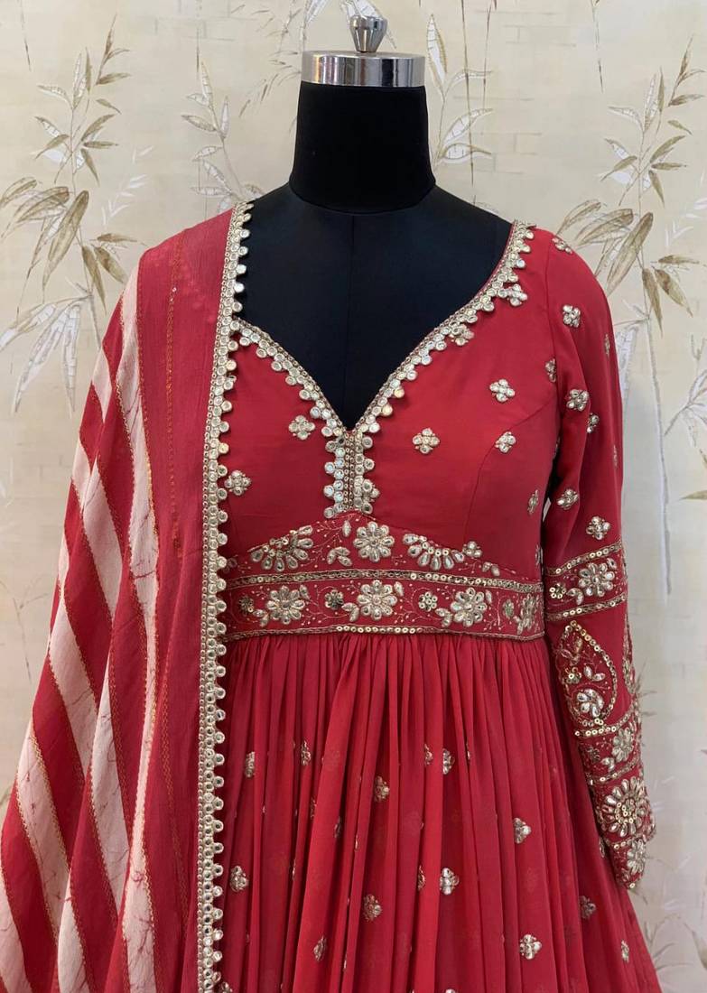 Mesmerizing Red Colored Digital Printed Embellished With Sequins, Zari And Foil Mirror Work Georgette Party Wear Gown