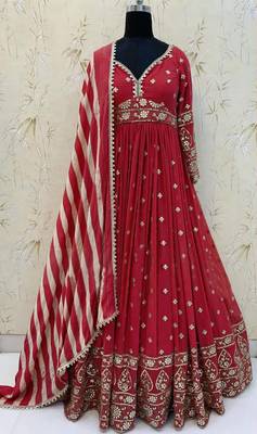 Mesmerizing Red Colored Digital Printed Embellished With Sequins Zari And Foil Mirror Work Georgette Party Wear Gown 3