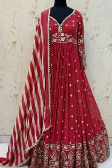 Mesmerizing Red Colored Digital Printed Embellished With Sequins, Zari And Foil Mirror Work Georgette Party Wear Gown