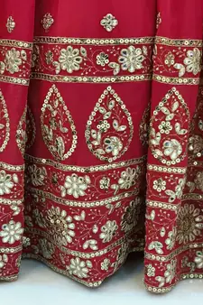 Mesmerizing Red Colored Digital Printed Embellished With Sequins, Zari And Foil Mirror Work Georgette Party Wear Gown