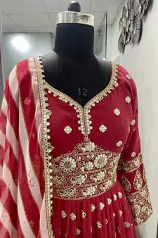 Mesmerizing Red Colored Digital Printed Embellished With Sequins, Zari And Foil Mirror Work Georgette Party Wear Gown