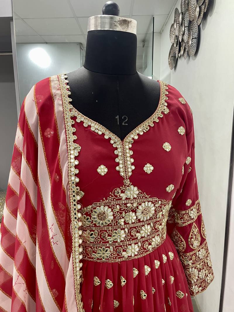 Mesmerizing Red Colored Digital Printed Embellished With Sequins, Zari And Foil Mirror Work Georgette Party Wear Gown