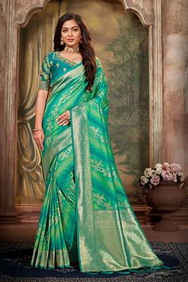 light sea green woven banarasi silk saree with blouse 2