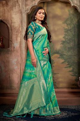 light sea green woven banarasi silk saree with blouse 3