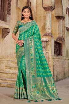 light sea green woven banarasi silk saree with blouse