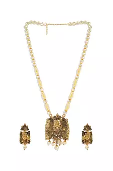 Antique Matte Gold Finish Meenakari  Pearl Temple Jewellery