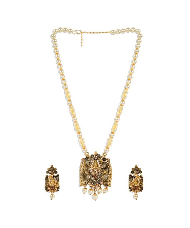 Antique Matte Gold Finish Meenakari  Pearl Temple Jewellery