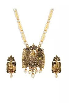 Antique Matte Gold Finish Meenakari  Pearl Temple Jewellery