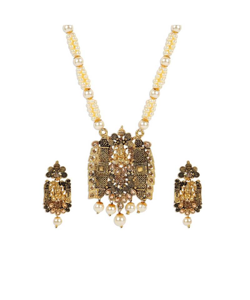 Antique Matte Gold Finish Meenakari  Pearl Temple Jewellery