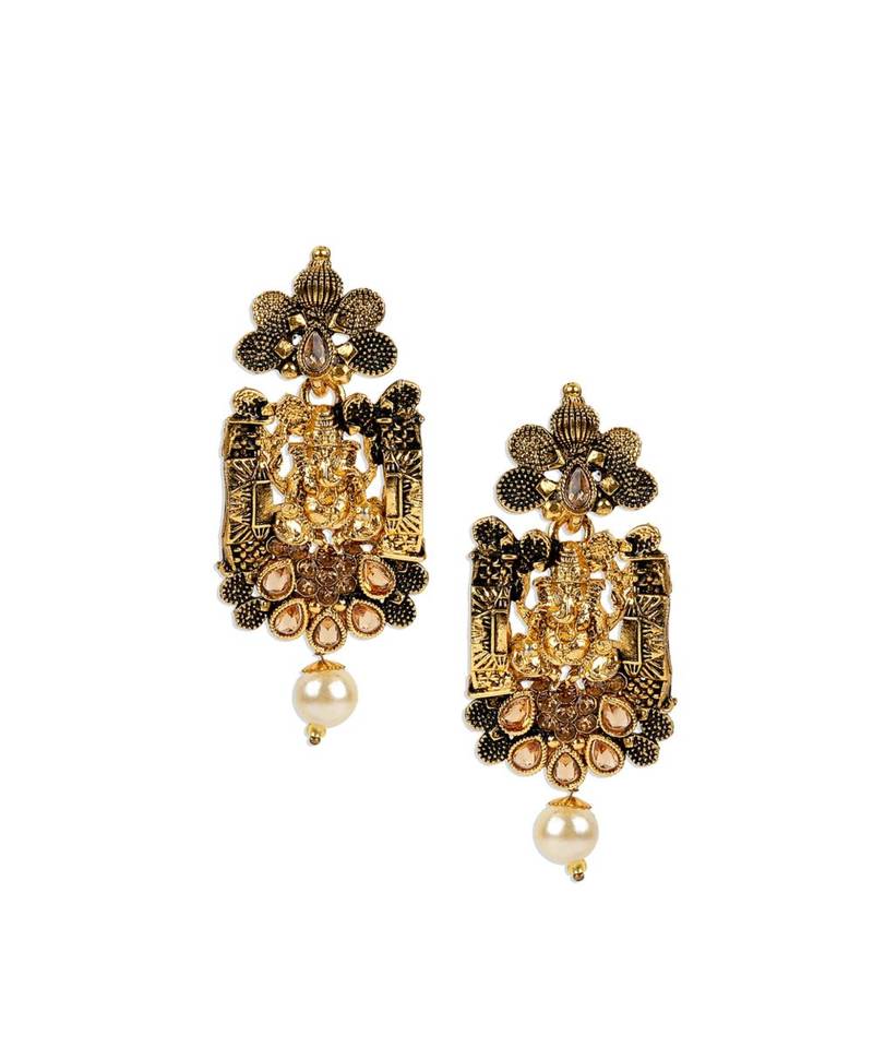 Antique Matte Gold Finish Meenakari  Pearl Temple Jewellery