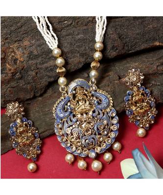 Antique Matte Gold Finish Meenakari  Pearl Temple Jewellery 1