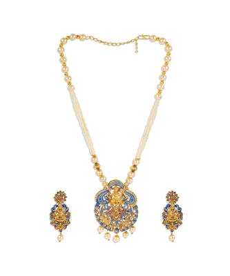 Antique Matte Gold Finish Meenakari  Pearl Temple Jewellery 2