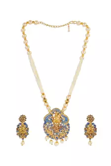 Antique Matte Gold Finish Meenakari  Pearl Temple Jewellery