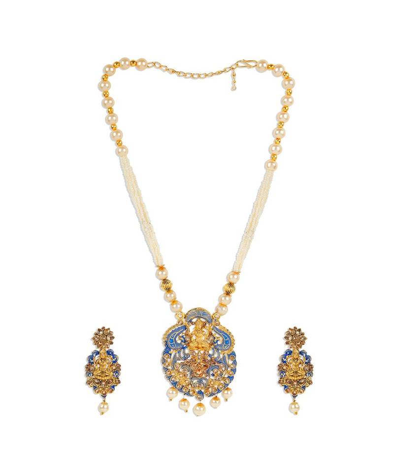 Antique Matte Gold Finish Meenakari  Pearl Temple Jewellery