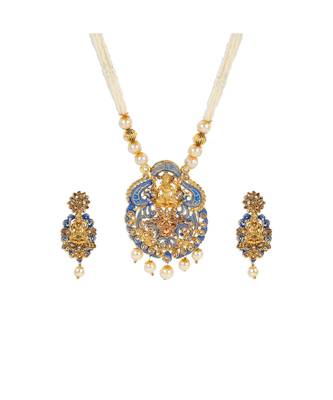 Antique Matte Gold Finish Meenakari  Pearl Temple Jewellery 3
