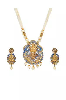 Antique Matte Gold Finish Meenakari  Pearl Temple Jewellery
