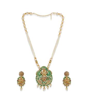 Antique Matte Gold Finish Meenakari  Pearl Temple Jewellery 2