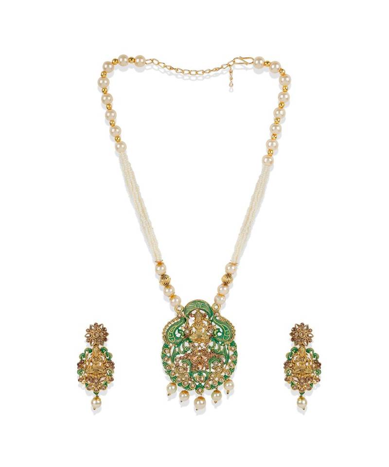 Antique Matte Gold Finish Meenakari  Pearl Temple Jewellery