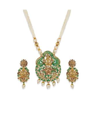 Antique Matte Gold Finish Meenakari  Pearl Temple Jewellery 3