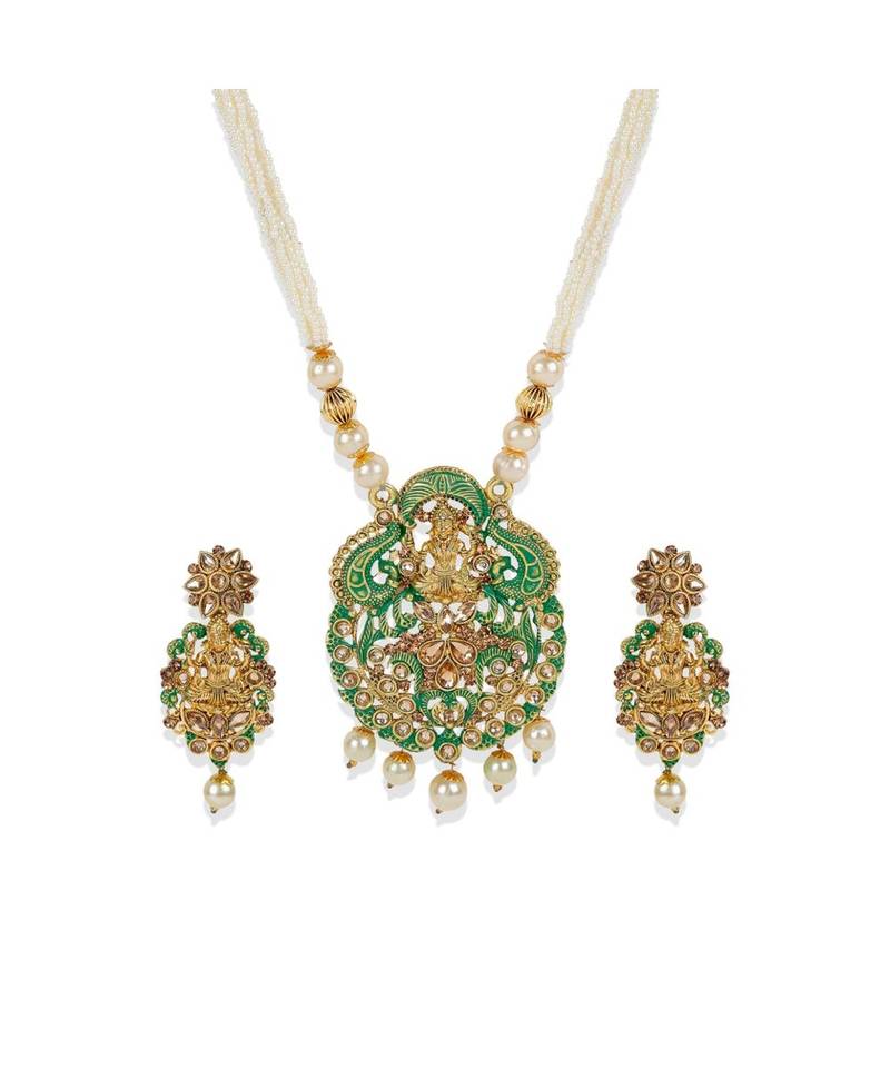 Antique Matte Gold Finish Meenakari  Pearl Temple Jewellery