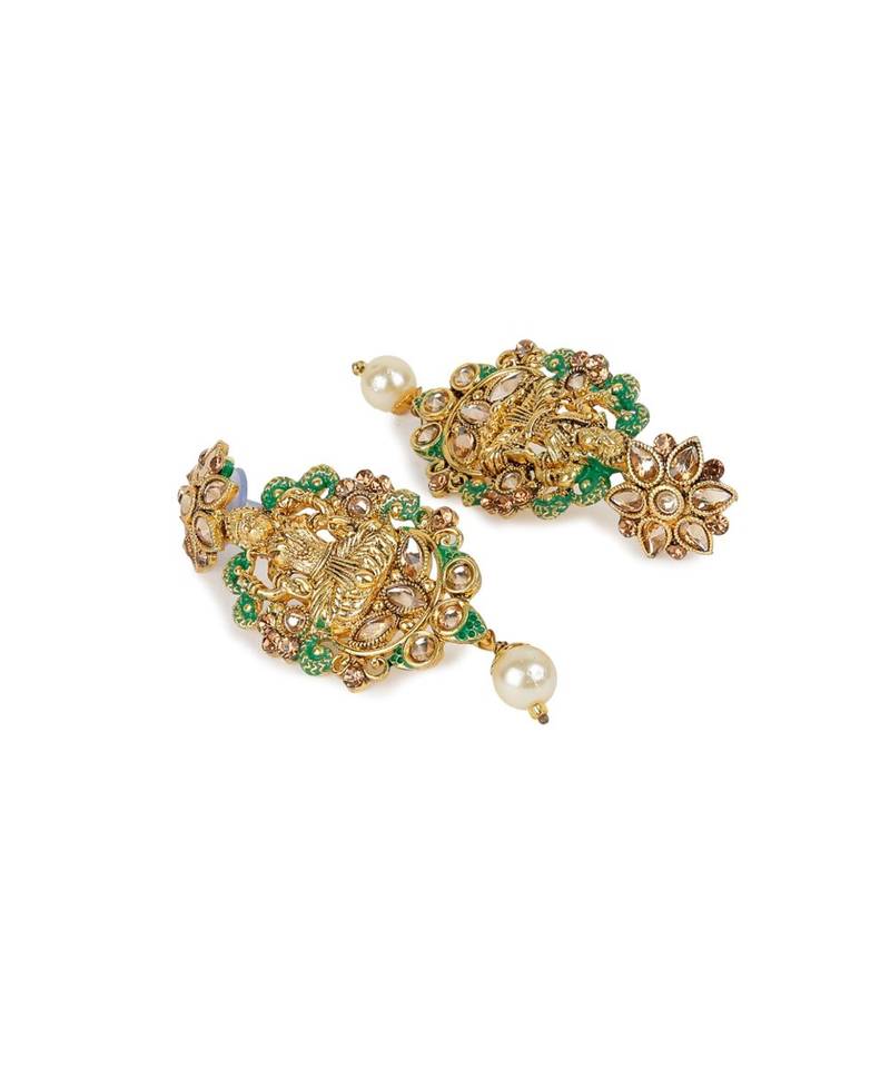 Antique Matte Gold Finish Meenakari  Pearl Temple Jewellery