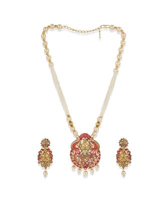 Antique Matte Gold Finish Meenakari  Pearl Temple Jewellery 2