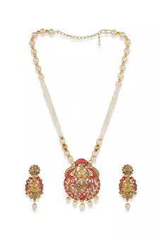 Antique Matte Gold Finish Meenakari  Pearl Temple Jewellery