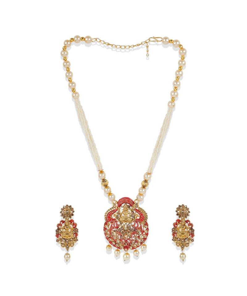 Antique Matte Gold Finish Meenakari  Pearl Temple Jewellery