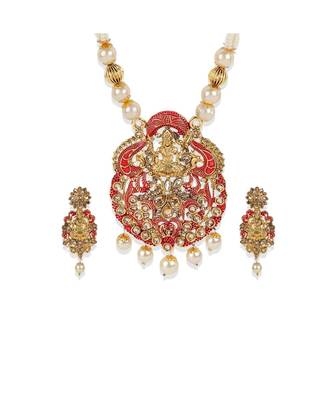 Antique Matte Gold Finish Meenakari  Pearl Temple Jewellery 3