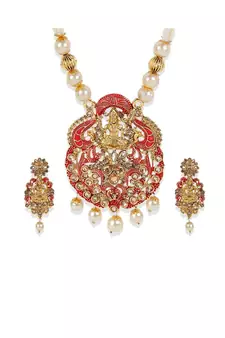 Antique Matte Gold Finish Meenakari  Pearl Temple Jewellery