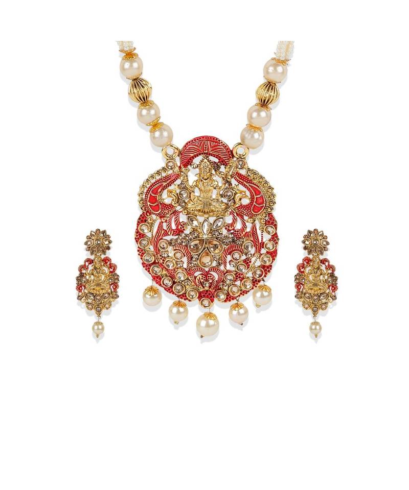 Antique Matte Gold Finish Meenakari  Pearl Temple Jewellery