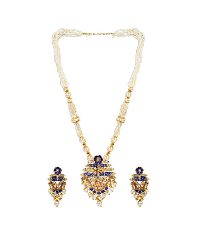 Antique Matte Gold Finish Meenakari  Pearl Temple Jewellery