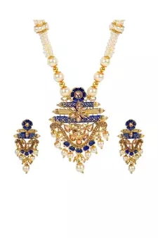 Antique Matte Gold Finish Meenakari  Pearl Temple Jewellery