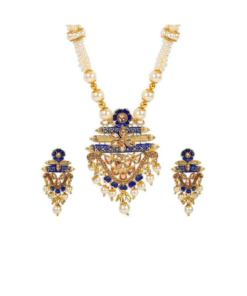 Antique Matte Gold Finish Meenakari  Pearl Temple Jewellery