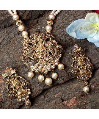 Antique Matte Gold Finish Meenakari  Pearl  Temple Jewellery 1