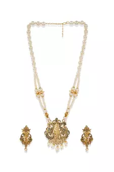 Antique Matte Gold Finish Meenakari  Pearl  Temple Jewellery