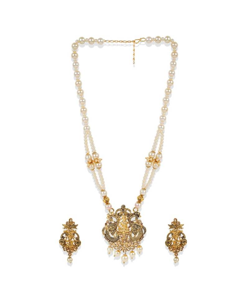 Antique Matte Gold Finish Meenakari  Pearl  Temple Jewellery