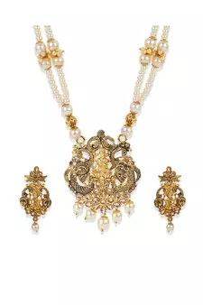 Antique Matte Gold Finish Meenakari  Pearl  Temple Jewellery