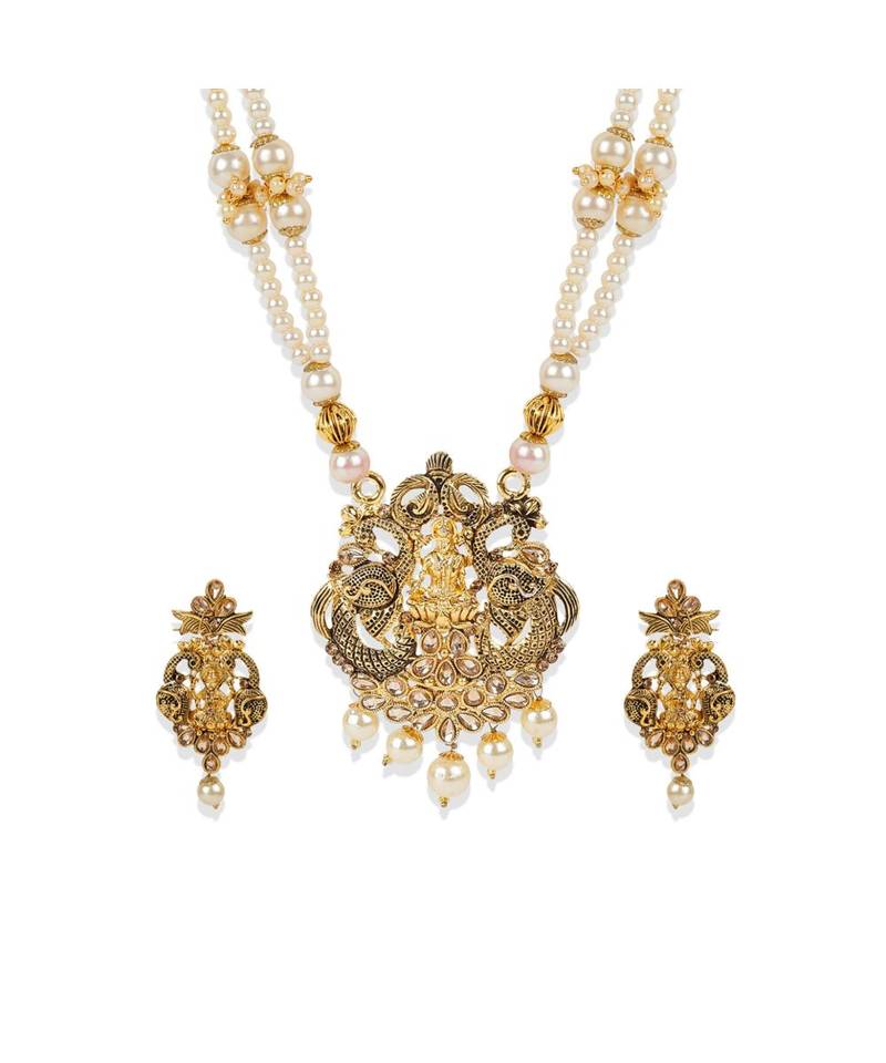 Antique Matte Gold Finish Meenakari  Pearl  Temple Jewellery