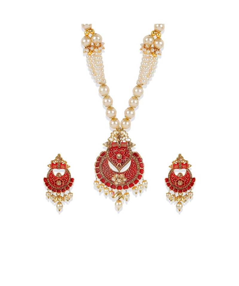 Antique Matte Gold Finish  Meenakari  Pearl Jewellery