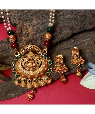 Gold Plated Maa Laxmi Stone Studded Necklace With Earrrings For Women And Girls 1