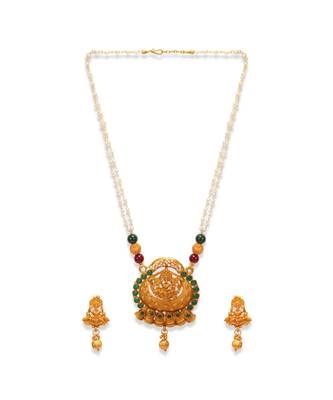 Gold Plated Maa Laxmi Stone Studded Necklace With Earrrings For Women And Girls 2