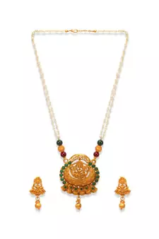 Gold Plated Maa Laxmi Stone Studded Necklace With Earrrings For Women And Girls