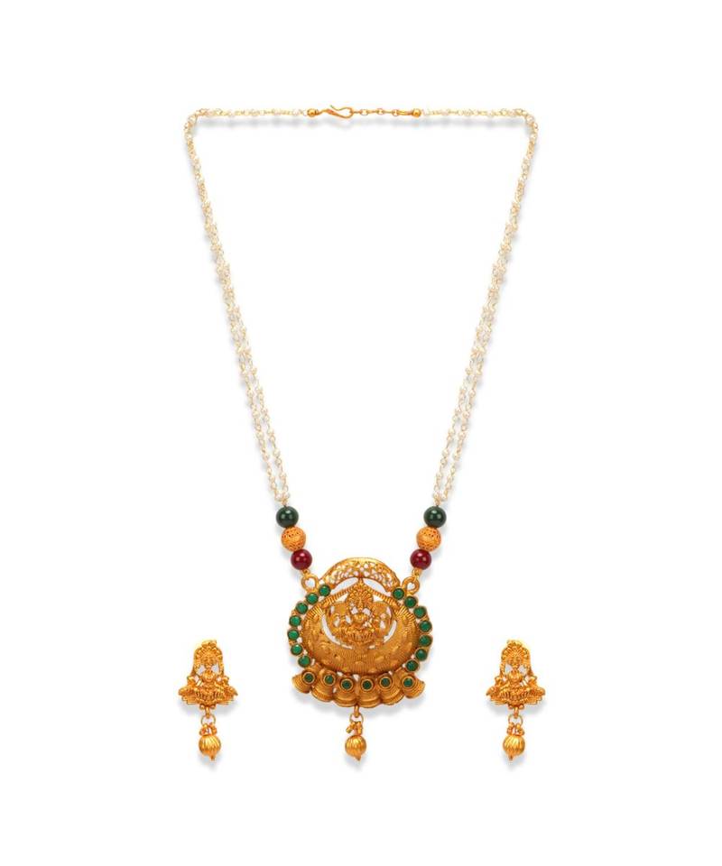 Gold Plated Maa Laxmi Stone Studded Necklace With Earrrings For Women And Girls