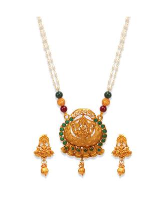 Gold Plated Maa Laxmi Stone Studded Necklace With Earrrings For Women And Girls 3