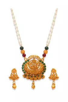 Gold Plated Maa Laxmi Stone Studded Necklace With Earrrings For Women And Girls