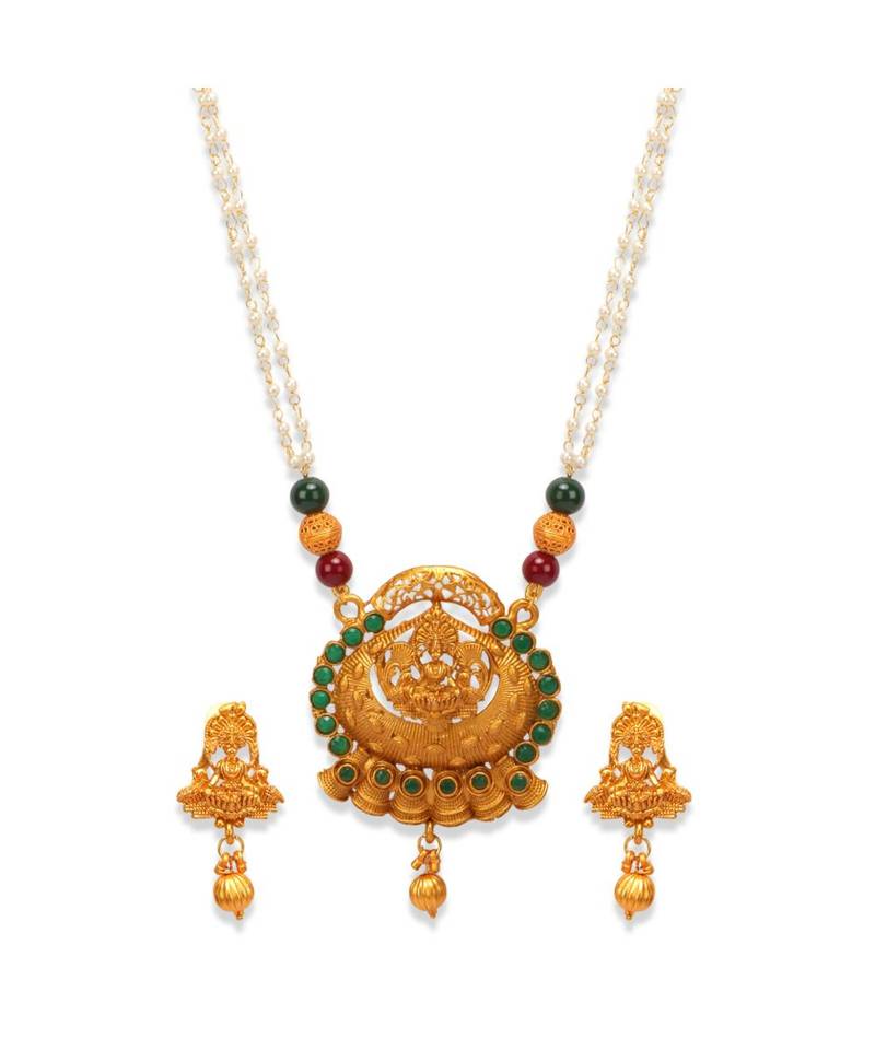 Gold Plated Maa Laxmi Stone Studded Necklace With Earrrings For Women And Girls