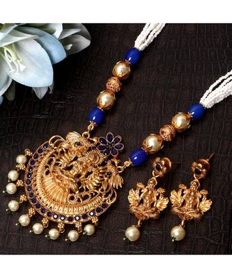 Gold Plated Maa Laxmi Stone Studded Necklace With Earrrings For Women And Girls 1