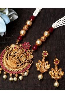 Gold Plated Maa Laxmi Stone Studded Necklace With Earrrings For Women And Girls