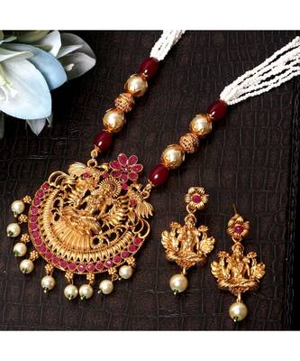 Gold Plated Maa Laxmi Stone Studded Necklace With Earrrings For Women And Girls 1